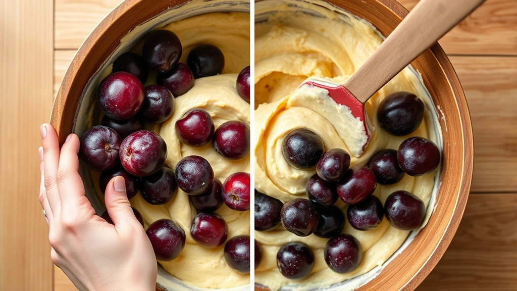 process: hands folding purple plums into light yellow cake batter with a rubber spatula, wooden bowl, natural kitchen light, overhead angle