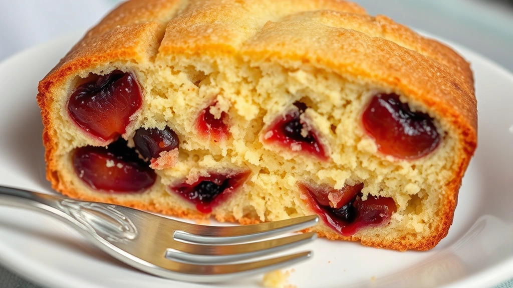 detail: close-up cross-section of sliced plum cake showing tender crumb and jammy plum pieces throughout, served on white plate with fork, soft natural light