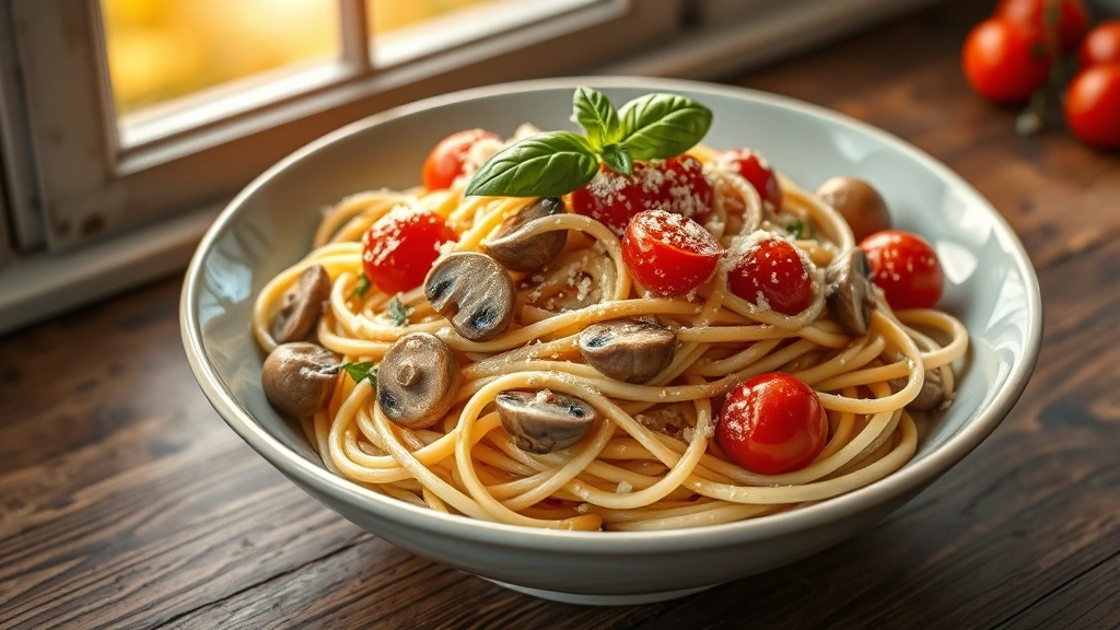 hero: beautiful bowl of PMTTyd pasta with mushrooms and cherry tomatoes, creamy garlic sauce coating each strand, fresh basil garnish, Parmesan cheese scattered on top, warm golden lighting from window, rustic wooden table background, no text