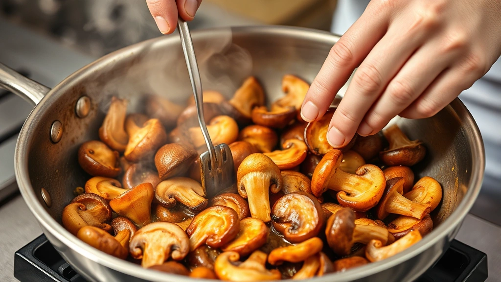 process: chef's hands stirring golden caramelized mushrooms in stainless steel skillet, steam rising, garlic and thyme visible, close-up action shot, natural daylight, professional kitchen setting, no text