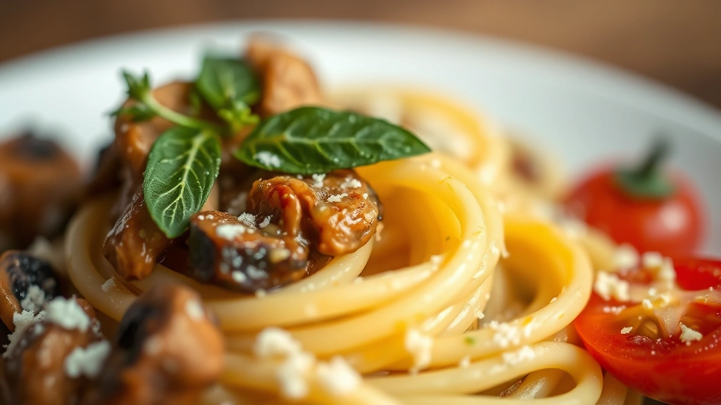 detail: close-up macro shot of single pasta strand coated in silky sauce, roasted mushroom pieces, halved cherry tomato, fresh thyme leaf, grated Parmesan, shallow depth of field, warm overhead lighting, elegant plating, no text