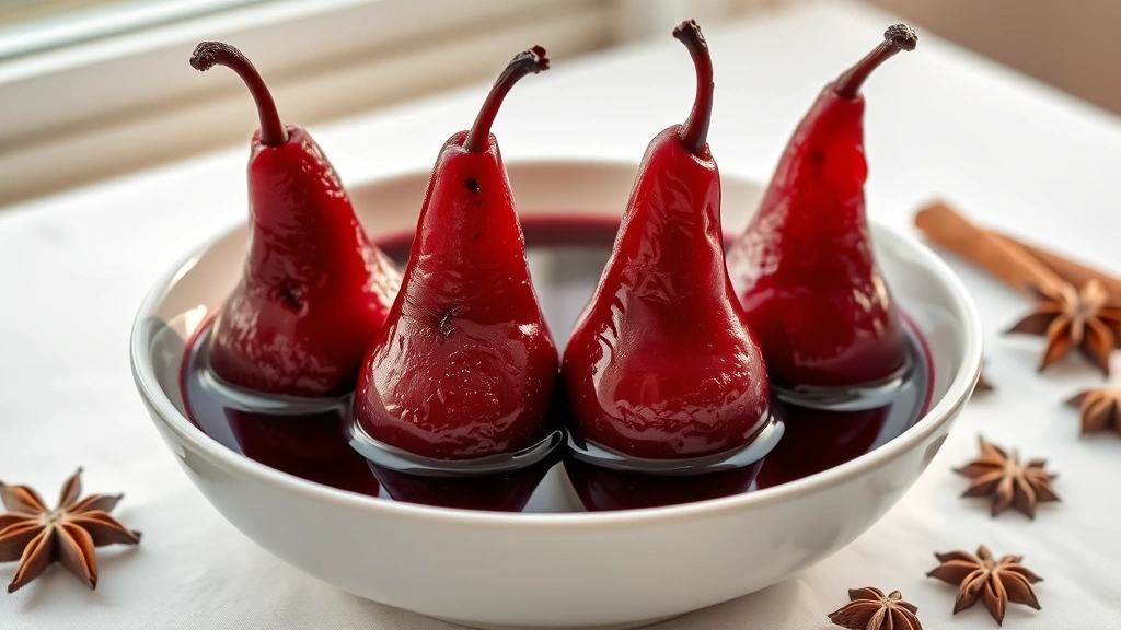 hero: four upright poached pears in deep burgundy wine reduction sauce in white ceramic bowl, vanilla bean visible in liquid, cinnamon sticks and star anise scattered around, soft natural window light, elegant table setting, no text