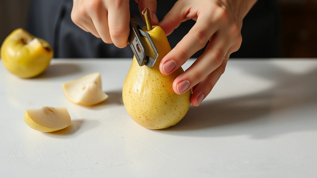 process: hands carefully peeling fresh pear with vegetable peeler over white surface, close-up action shot, natural daylight, no text