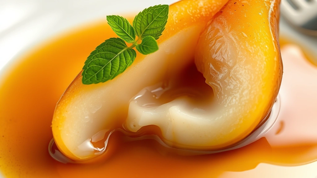 detail: cross-section of perfectly poached pear showing tender translucent flesh, glossy reduction sauce pooled around it, fresh mint leaf on top, macro photography, warm natural lighting, no text
