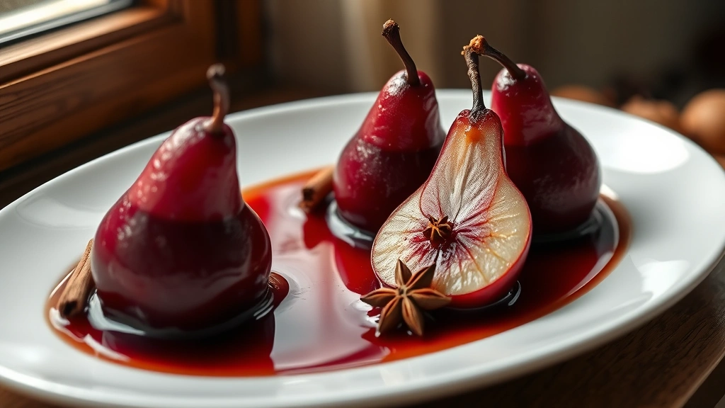 hero: whole poached pears in deep burgundy wine syrup with cinnamon sticks and star anise, plated elegantly on white porcelain, soft natural window light, shallow depth of field, no text