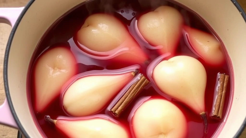 process: pears simmering gently in red wine poaching liquid in cream-colored pot, cinnamon sticks visible, steam rising, natural daylight from above, no text