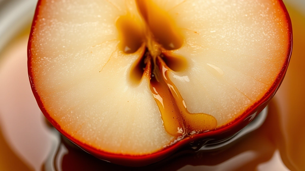 detail: close-up macro shot of single poached pear cut in half showing tender translucent flesh and glossy burgundy exterior, drizzled with syrup, natural backlighting highlighting color, no text