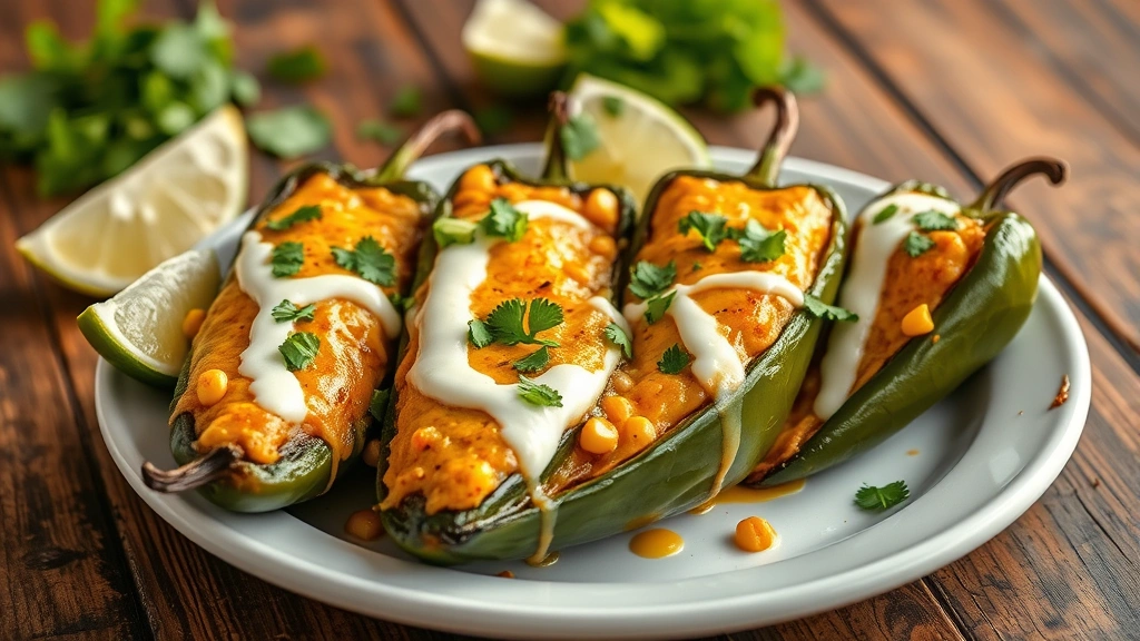 hero: four roasted poblano peppers stuffed with melted cheese and corn, drizzled with Mexican crema, garnished with fresh cilantro and lime wedges, served on a white ceramic plate with rustic wooden table background, golden hour lighting, shallow depth of field, photorealistic, natural light, no text