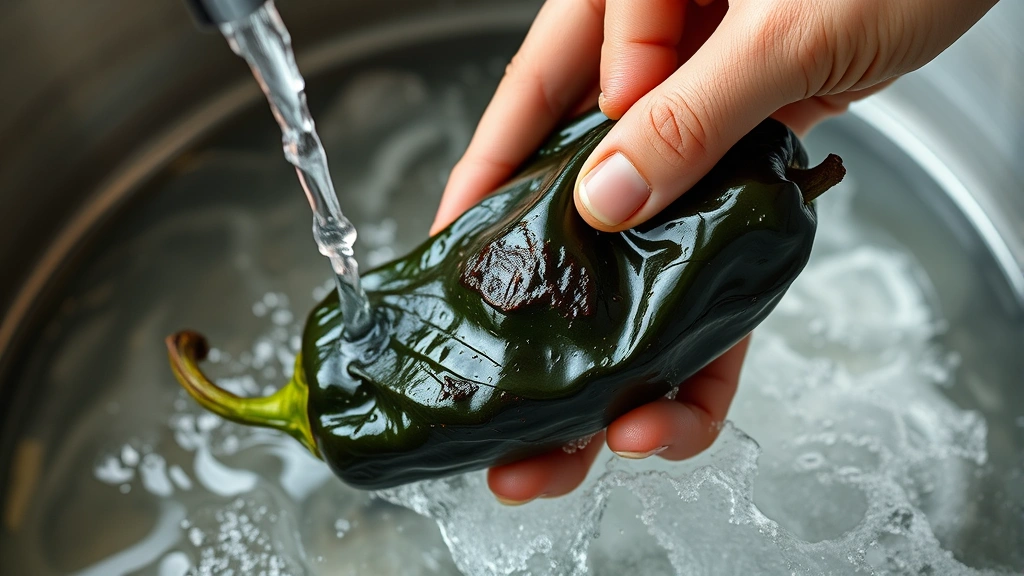 process: hands carefully peeling charred black skin off a roasted poblano pepper under cool running water, steam rising, close-up side angle view, photorealistic, natural light, no text