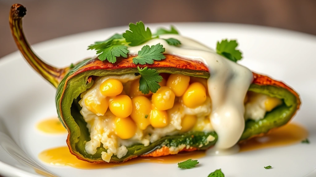 detail: cross-section of a roasted poblano pepper showing the creamy cheese filling and corn kernels inside, fresh cilantro garnish, Mexican crema drizzle, on a white plate, macro photography, photorealistic, natural light, no text