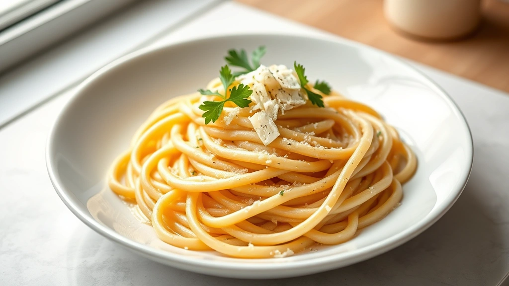 hero: creamy fettuccine pasta with silky sauce, garnished with parmesan and fresh parsley, served in a white bowl, photorealistic, natural window light, no text, elegant plating