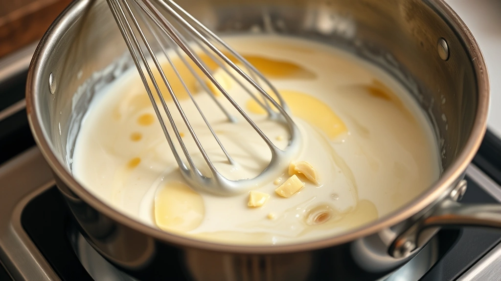 process: whisking cream and butter together in a stainless steel skillet, steam rising, garlic visible, photorealistic, warm kitchen lighting, no text
