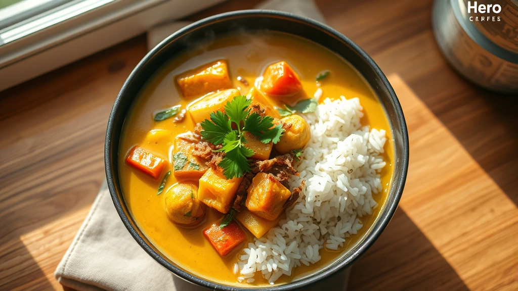 hero: steaming bowl of creamy yellow curry with colorful vegetables and white rice, cozy warm lighting, soft shadows, top-down composition, garnished with fresh cilantro and fried onions, photorealistic, natural window light, no text