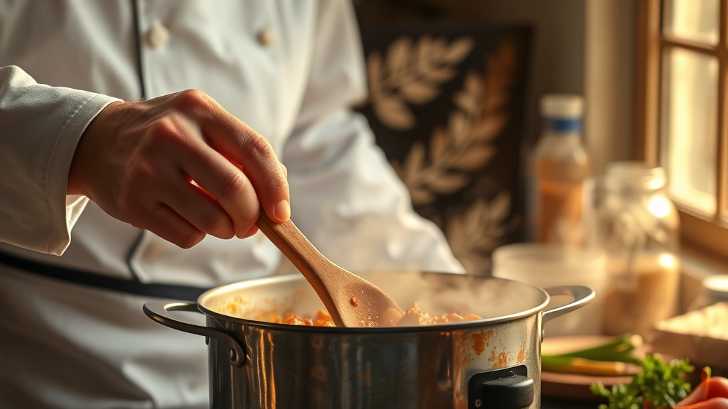 process: chef stirring curry in pot with wooden spoon, vegetables and spices visible, steam rising, golden light from kitchen window, photorealistic, medium shot, no text