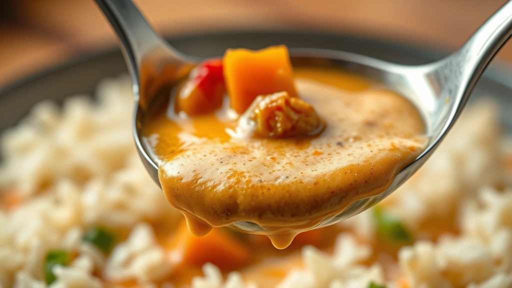 detail: close-up macro shot of curry ladle dripping creamy sauce with visible vegetables, soft bokeh background of rice, warm professional lighting, photorealistic, no text