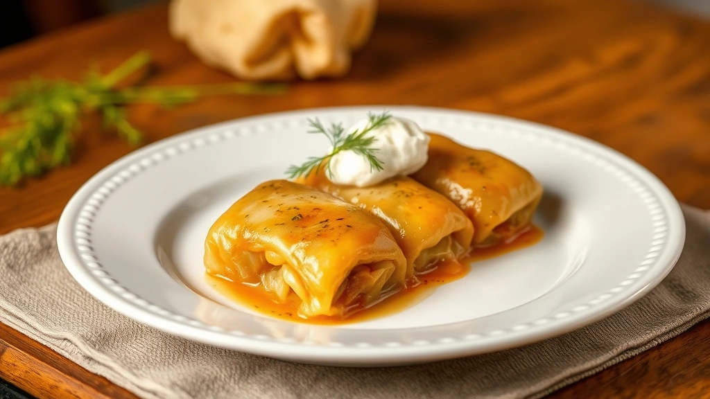 hero: Polish cabbage rolls on a white plate with sour cream dollop and fresh dill, traditional serving style, warm golden lighting, no text