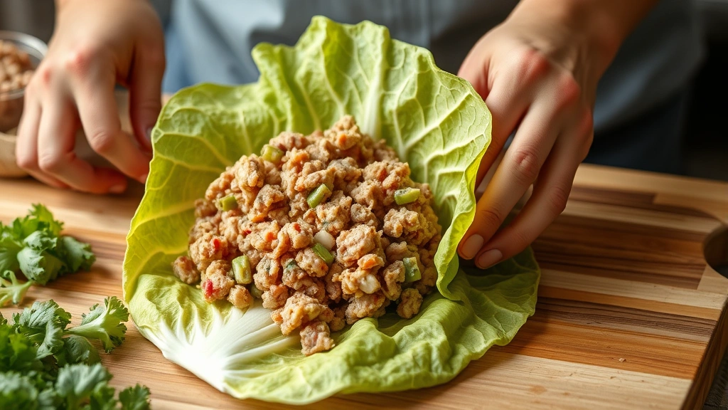 process: hands rolling cabbage leaf with meat filling, close action shot, natural daylight, no text