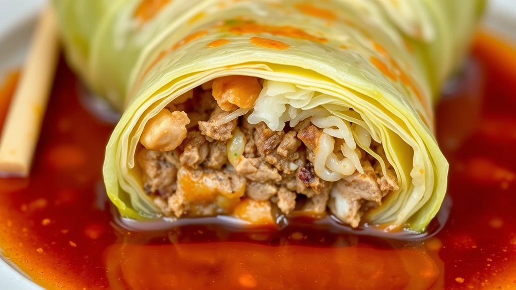 detail: cross-section of a single cabbage roll showing meat and rice filling, served with sauce, shallow depth of field, no text