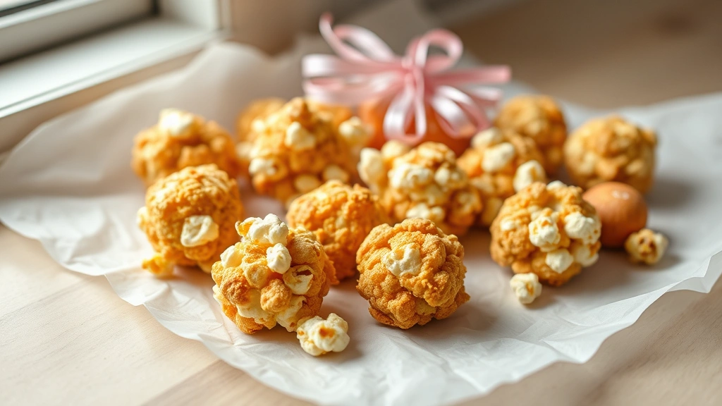 hero: finished popcorn balls arranged on white parchment paper, golden brown and glistening, some wrapped in cellophane with ribbon, natural window light from left side, shallow depth of field, photorealistic, no text