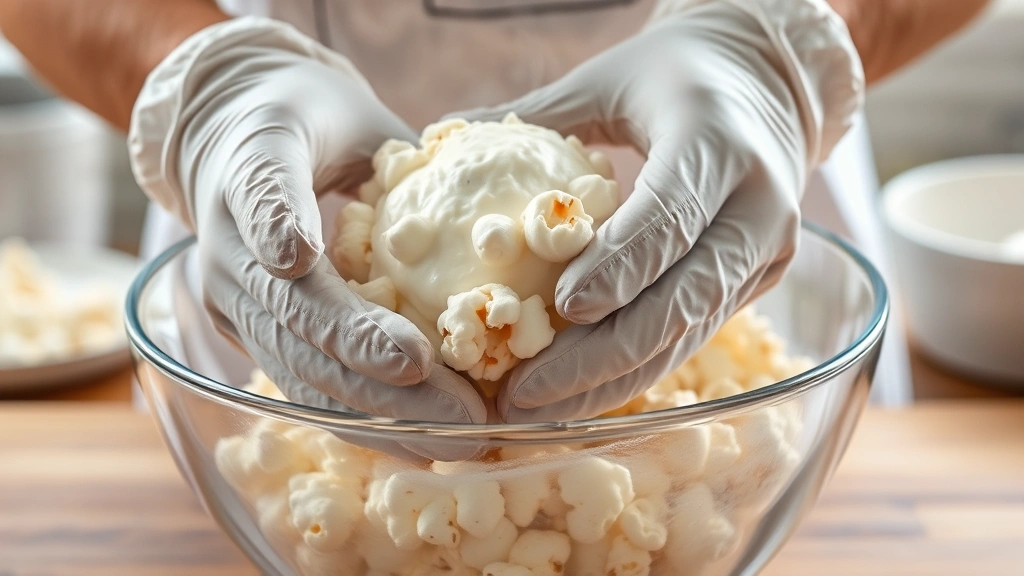 process: hands in cooking gloves shaping warm popcorn ball mixture over large bowl, marshmallow coating visible, steam rising slightly, natural kitchen light, close perspective, photorealistic, no text