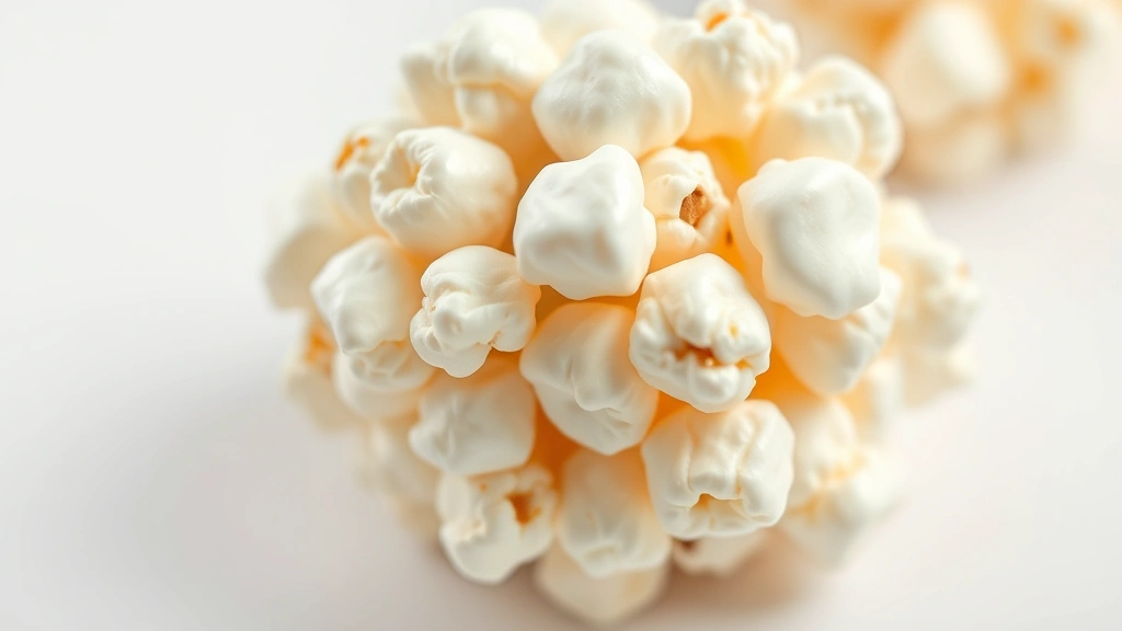 detail: close-up of single popcorn ball showing texture of popcorn pieces coated in glossy marshmallow, some pieces catching light, white background, macro photography, photorealistic, no text