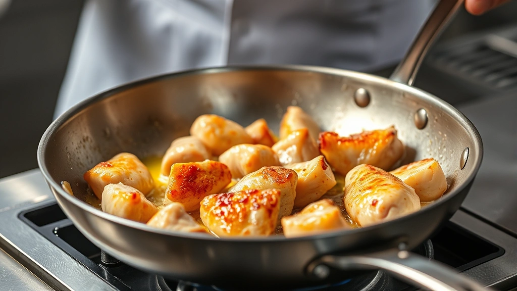 process: chef sautéing chicken pieces in butter in a stainless steel skillet with golden crust forming, professional kitchen lighting, action shot, no text