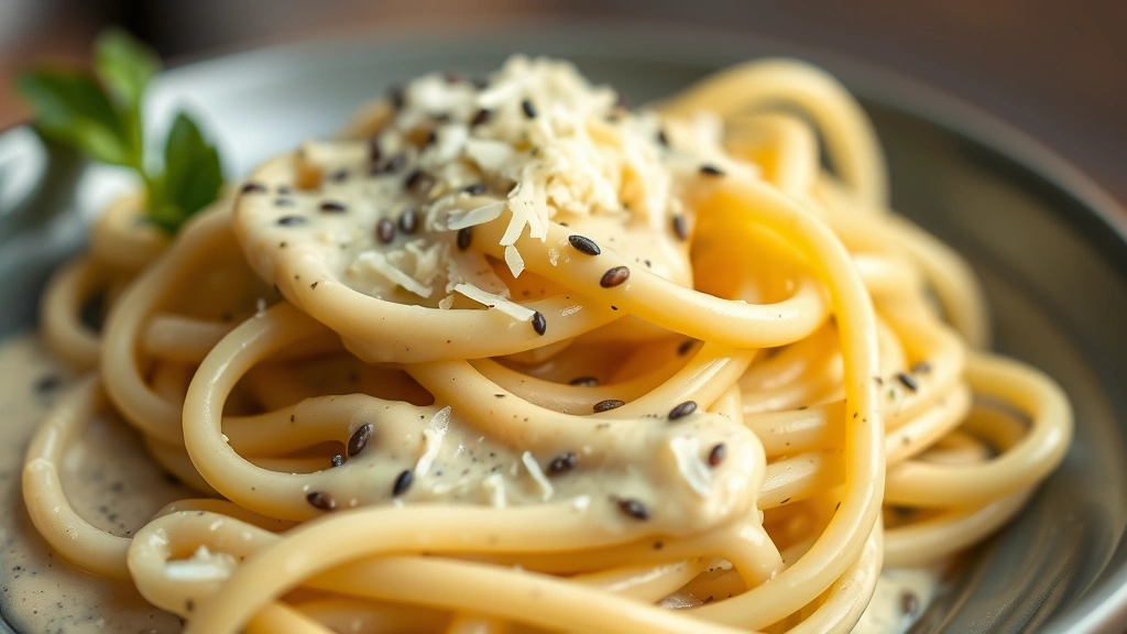 detail: close-up of creamy poppy seed sauce coating egg noodles with visible poppy seeds and parmesan cheese, shallow depth of field, natural window light, no text