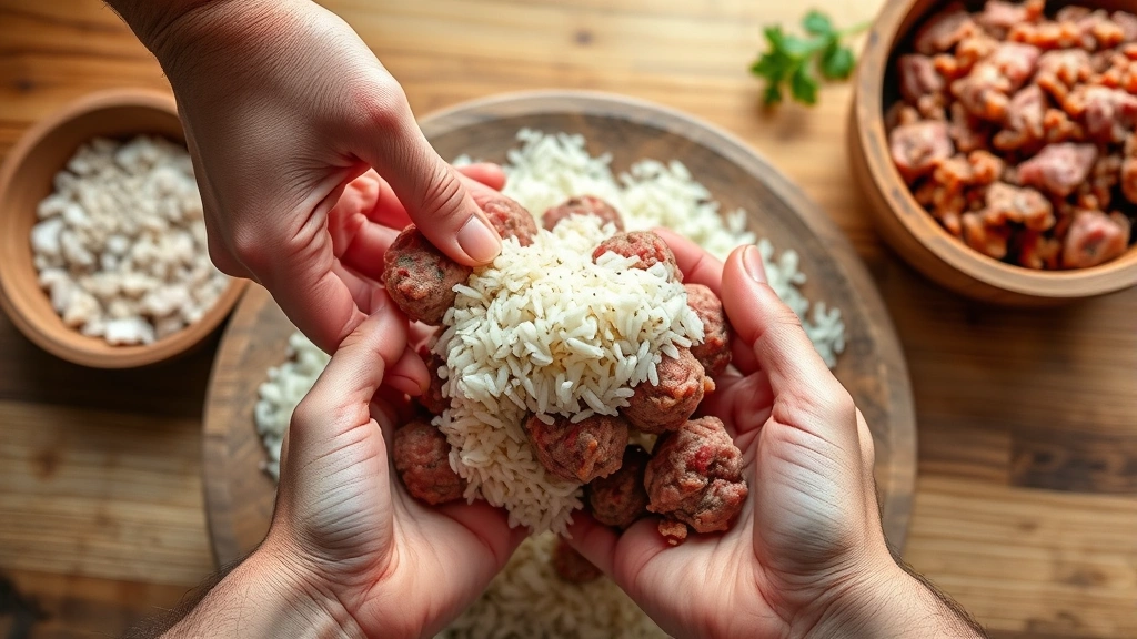 process: hands rolling raw meatball mixture showing uncooked rice grains, wooden bowl with meat mixture in background, natural window light, overhead angle