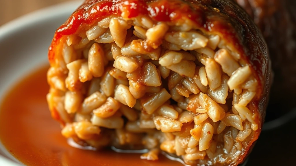 detail: close-up cross-section of cooked porcupine meatball showing tender meat and cooked rice throughout, sauce coating visible, warm studio lighting, macro photography