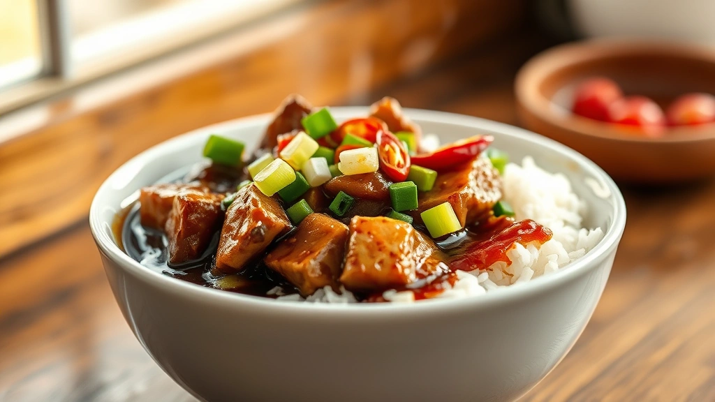 hero: steaming bowl of pork adobo with glossy dark sauce over white rice, garnished with green onions and chili peppers, photorealistic, natural window light from left, no text, shallow depth of field