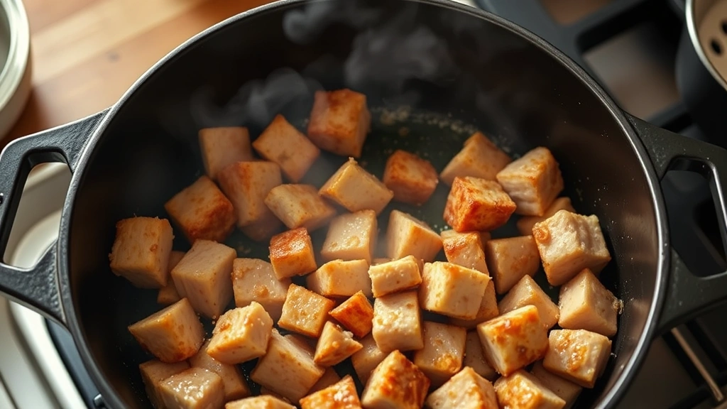 process: browning cubed pork in cast iron pot with golden crust forming, steam rising, photorealistic, warm kitchen lighting, no text, overhead angle