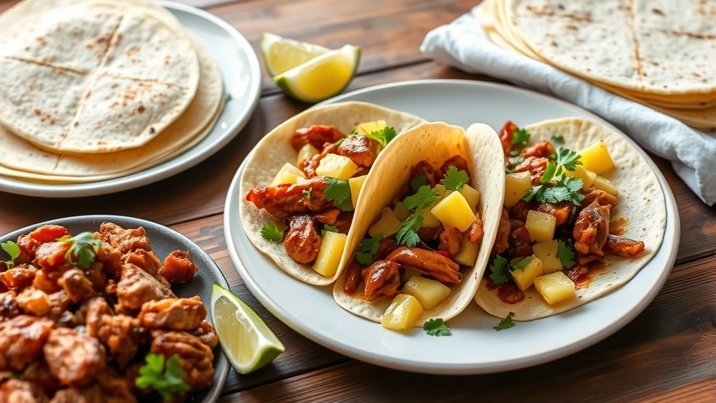 hero: plated pork al pastor tacos with fresh cilantro, diced pineapple, and lime wedges, warm flour tortillas stacked nearby, golden caramelized pork visible, vibrant colors, natural window light, overhead angle, food styling with rustic wooden table