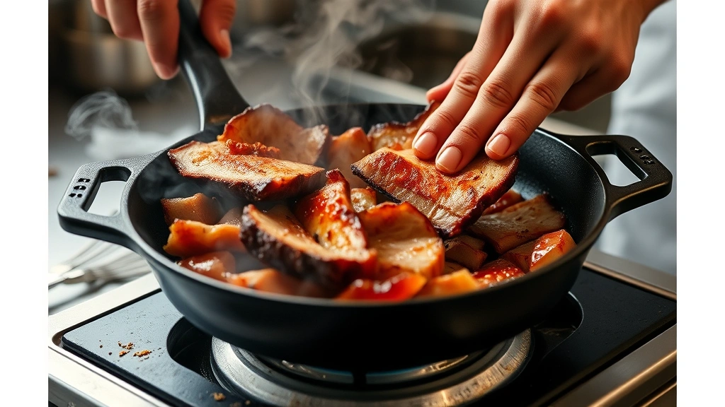 process: skilled hands flipping thin slices of caramelized pork in a cast-iron skillet, golden-brown edges visible, steam rising, warm kitchen lighting, professional food photography