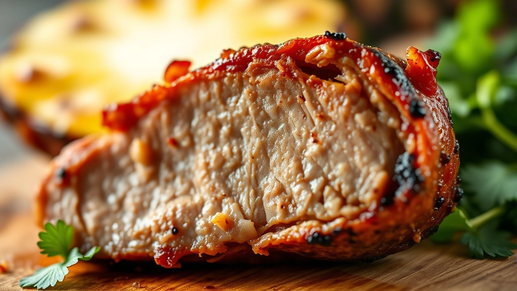 detail: close-up macro shot of a single pork al pastor slice showing caramelized crust, juicy interior, and charred edges, natural light highlighting texture and color, shallow depth of field with pineapple and cilantro blurred in background