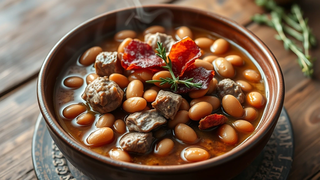 hero: steaming bowl of pork and beans with tender meat and beans in rich brown sauce, garnished with crispy bacon and fresh thyme, photorealistic, natural light, rustic wooden table, no text