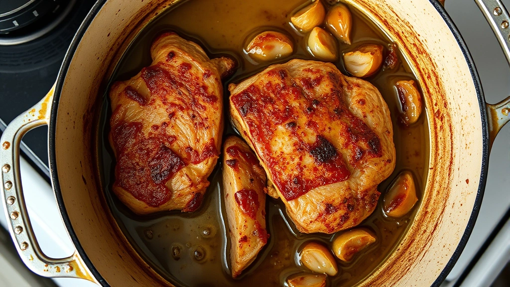 process: Dutch oven with browned pork being seared in oil, caramelized onions and garlic visible, photorealistic, natural light, overhead shot, no text