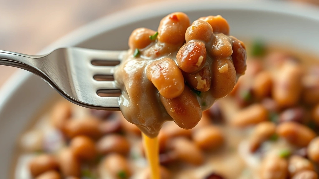 detail: close-up of fork lifting tender pork and beans with creamy sauce clinging to it, showing texture and richness, photorealistic, natural light, shallow depth of field, no text