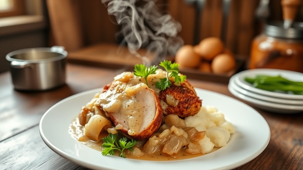 hero: beautiful plated pork and sauerkraut on white plate with mashed potatoes, garnished with fresh parsley, steam rising, warm kitchen lighting, rustic wooden table background