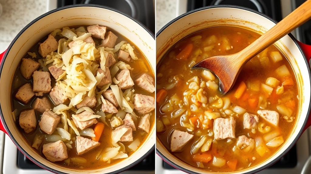 process: Dutch oven with browned pork chunks, sauerkraut, and braising liquid simmering, wooden spoon stirring, warm stovetop lighting, close angle