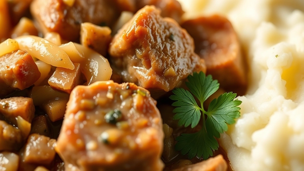 detail: close-up of tender pork chunks with sauerkraut, showing texture and juiciness, creamy mashed potatoes on the side, fresh parsley garnish, shallow depth of field, warm natural light