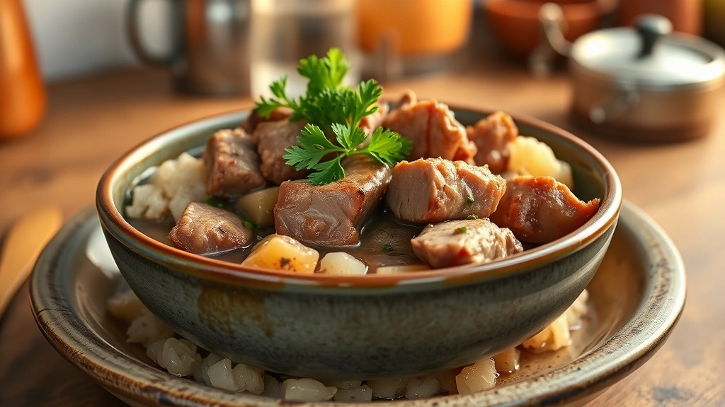 hero: steaming bowl of braised pork and sauerkraut with fresh parsley garnish, served on rustic ceramic plate, warm golden lighting, cozy kitchen background, no text visible