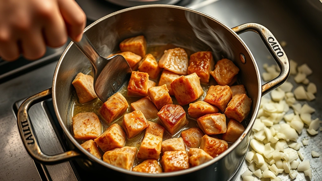 process: chef searing golden-brown pork chunks in Dutch oven with steam rising, diced onions and garlic nearby, professional kitchen lighting, overhead angle, no text
