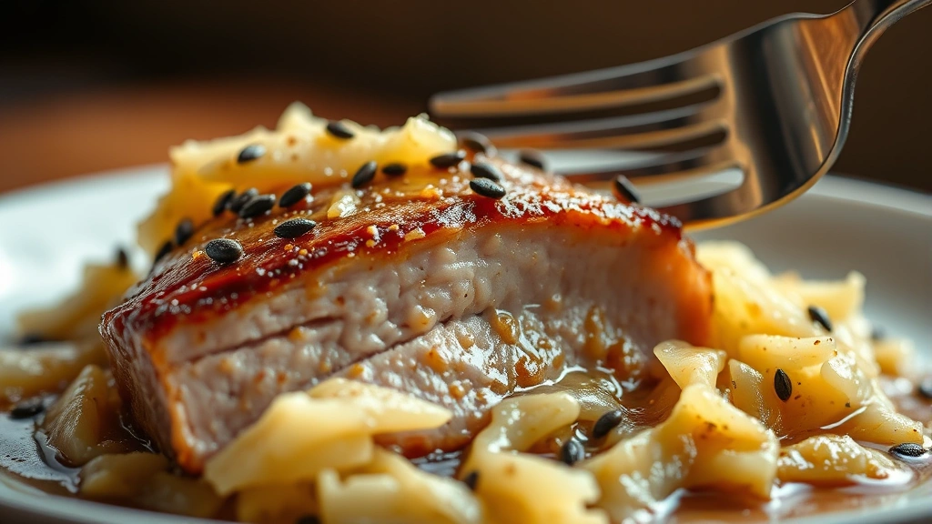 detail: close-up macro shot of fork-tender pork piece with tangy sauerkraut and caraway seeds, sauce glistening, shallow depth of field, warm natural window light, no text
