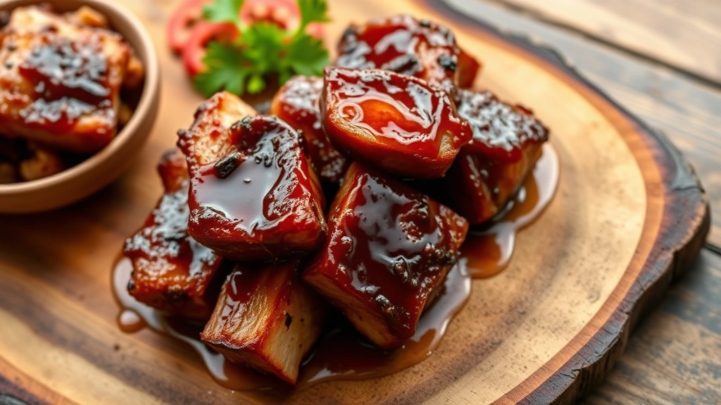 hero: plated pork belly burnt ends with glossy caramelized glaze, charred edges, served on rustic wooden board with garnish, photorealistic, natural daylight, top-down composition, no text