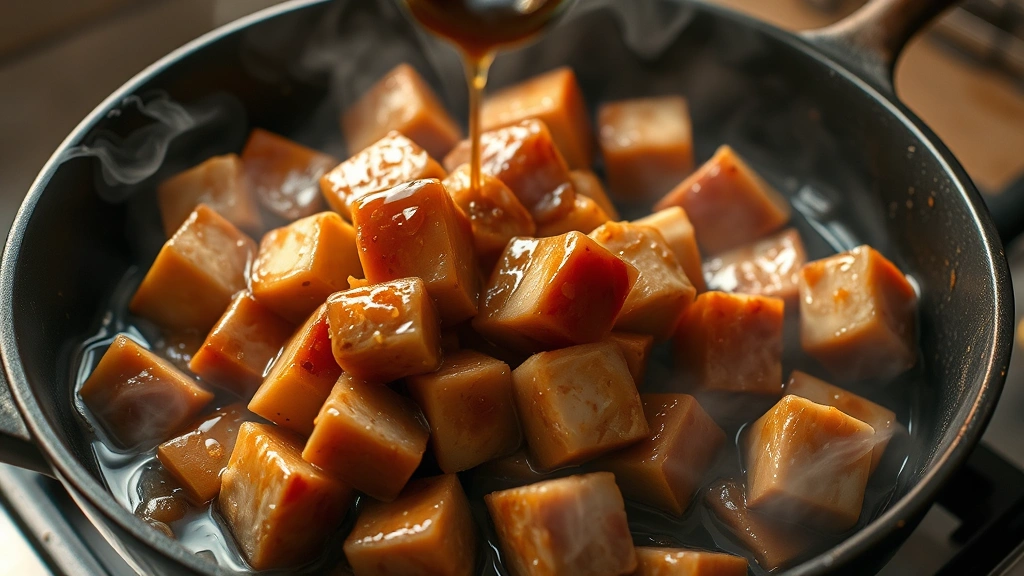 process: pork belly cubes in cast iron skillet with bourbon-butter glaze being stirred, steam rising, smoky atmosphere, photorealistic, warm kitchen lighting, no text