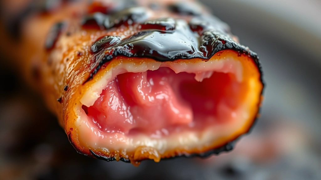 detail: extreme close-up of single burnt end showing crispy caramelized exterior and juicy pink interior cross-section, glossy glaze coating, photorealistic, macro photography, natural light, no text