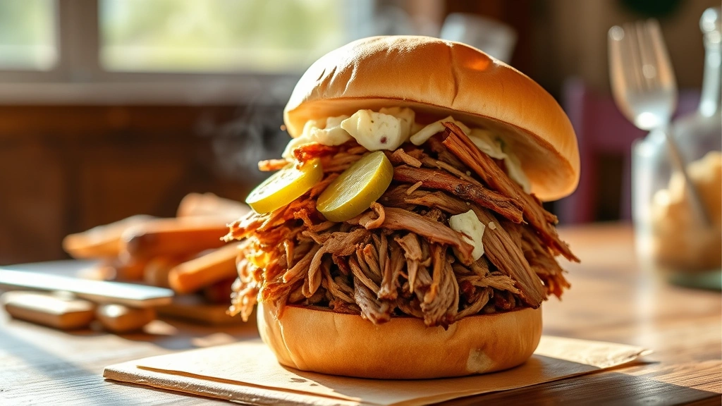 hero: perfectly shredded pulled pork piled high on a soft brioche bun with coleslaw and pickles, natural afternoon light streaming across wooden table, smoke wisps visible, professional food photography, no text or watermarks
