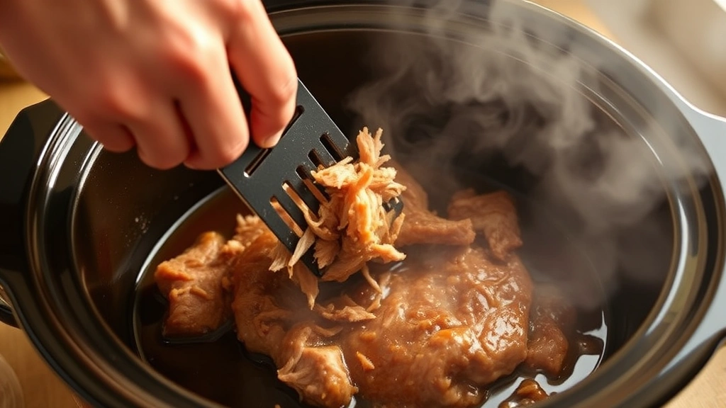 process: hands using meat shredder claws to shred tender pork butt in crock pot, steam rising, rich brown sauce coating meat, warm kitchen lighting, close-up action shot, no text