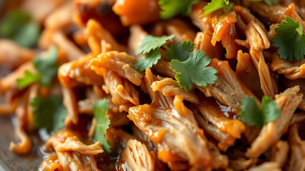 detail: close-up macro shot of pulled pork texture with sauce, individual shreds visible, garnished with fresh cilantro, shallow depth of field, golden-hour lighting, professional food styling, no text
