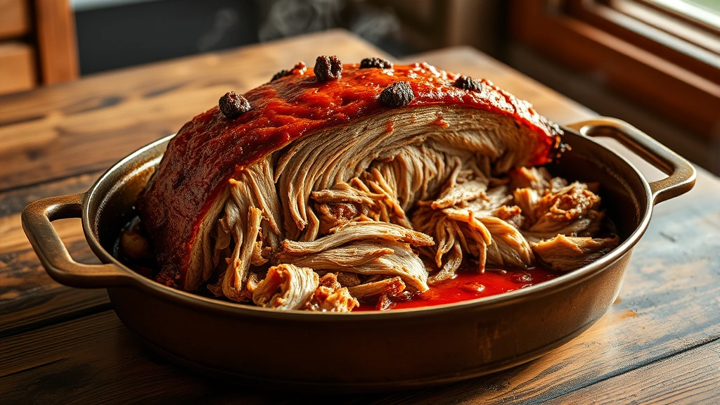 hero: perfectly shredded pulled pork butt in a roasting pan with sauce, golden brown, steam rising, rustic wooden table, natural daylight from window, no text or watermarks